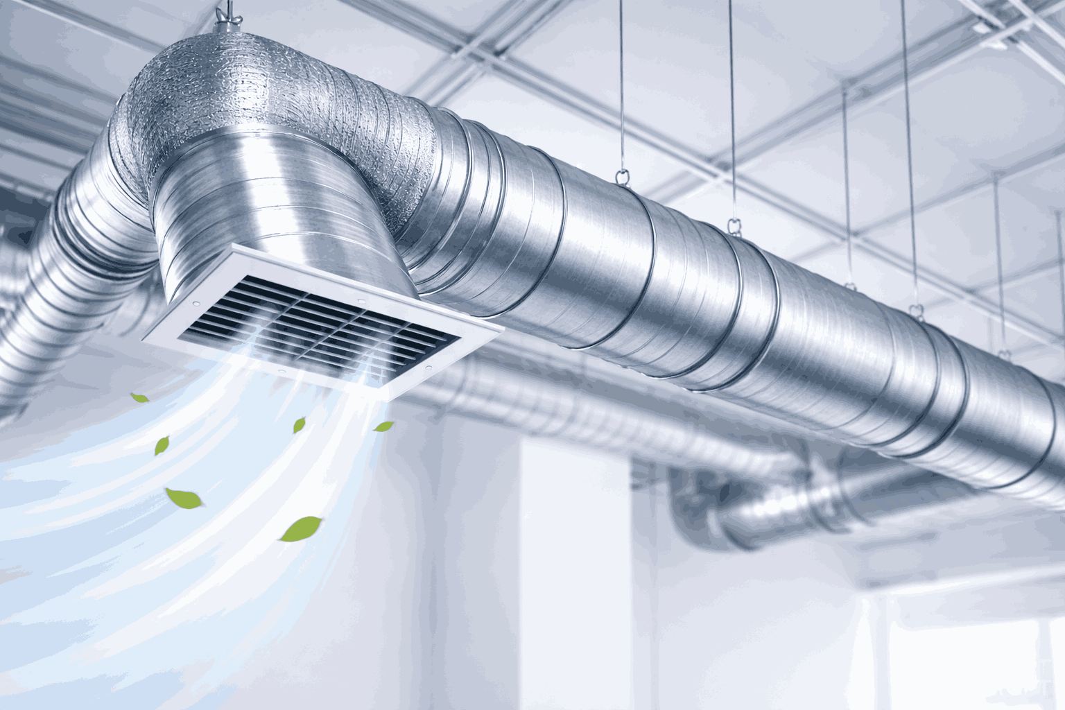 A modern air ventilation duct system releasing fresh clean air from a ceiling vent, representing professional air duct vent cleaning and indoor ventilation maintenance.