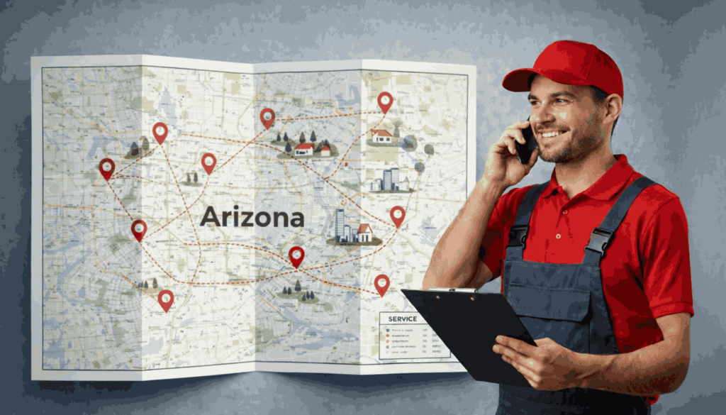 HVAC technician managing home ventilation duct maintenance service routes on an Arizona map while holding a clipboard and talking on the phone