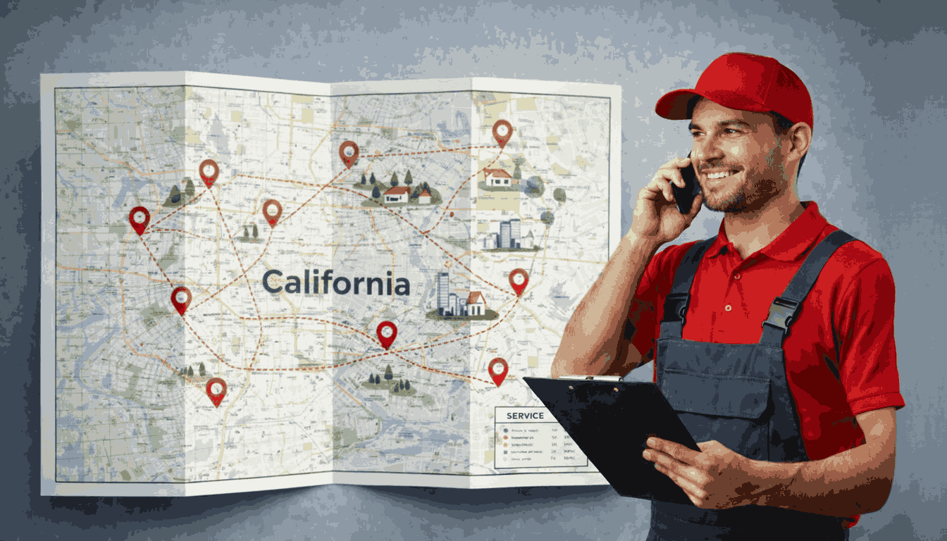 A technician providing air vent dust removal service in California, holding a clipboard and talking on the phone in front of a California service map with multiple marked service locations.