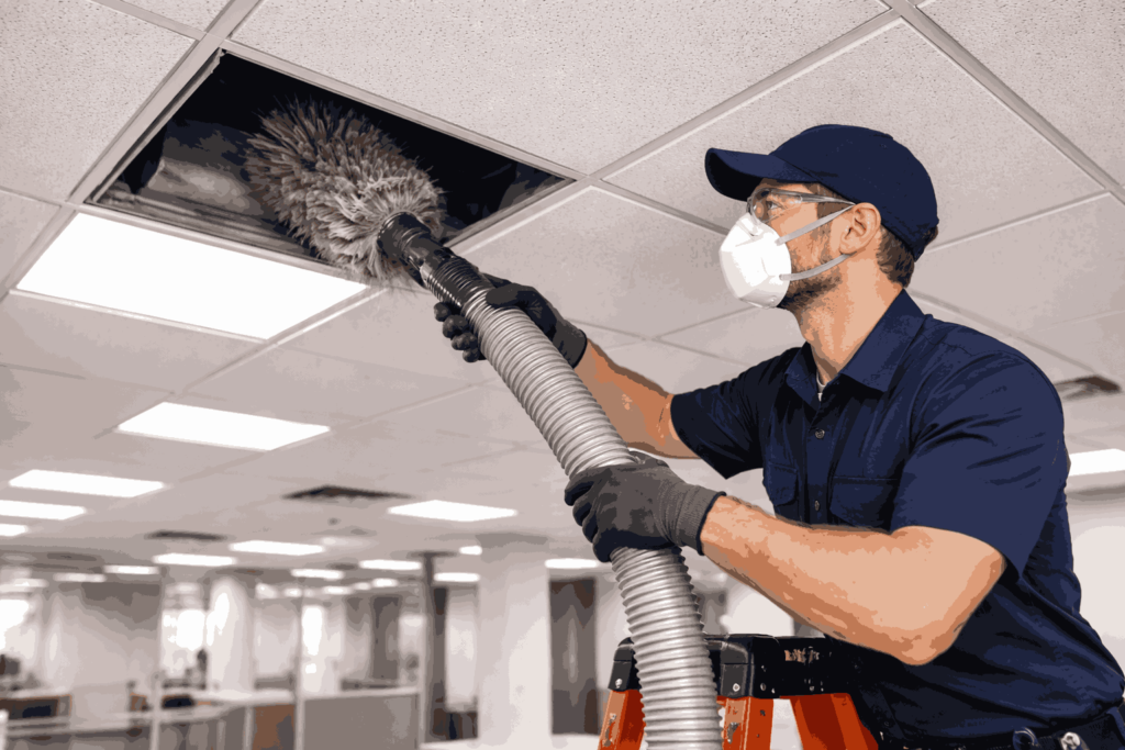 A technician performing a commercial HVAC duct cleaning service using a vacuum brush in an office ceiling air vent