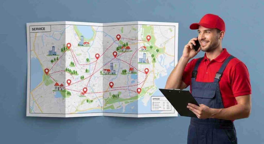 An HVAC technician holding a clipboard and talking on the phone next to a service coverage map with multiple location pins, representing ventilation duct cleaning coverage and professional indoor air system maintenance services.