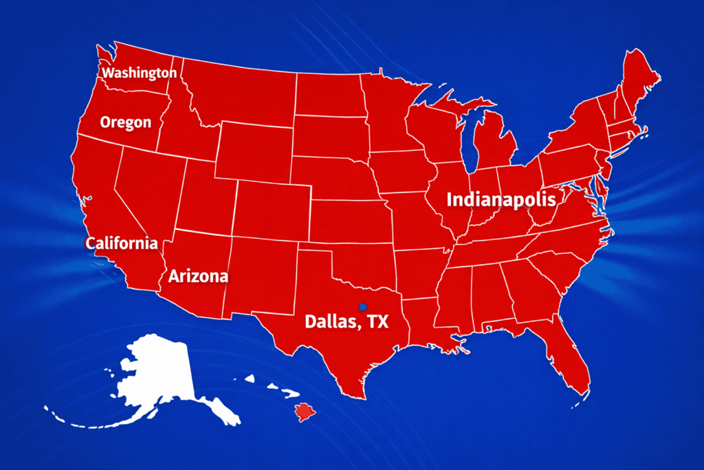 Map of the United States highlighting multiple states and cities to represent nationwide ventilation duct cleaning coverage and professional HVAC maintenance service locations.