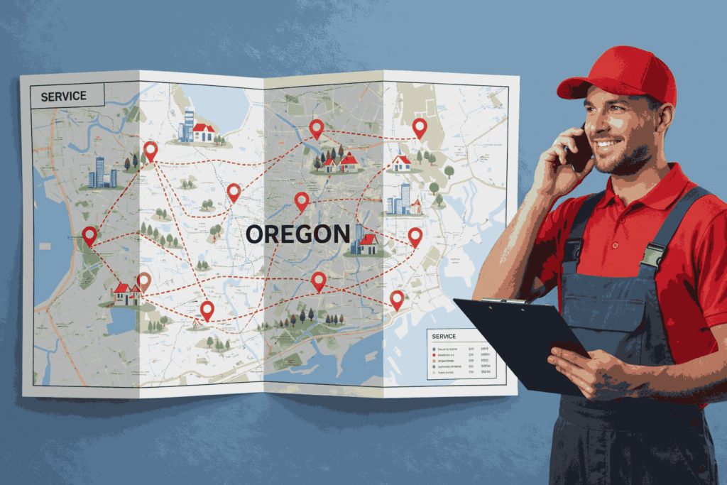 An HVAC service technician holding a clipboard and talking on the phone next to an Oregon service coverage map with location pins, representing professional ventilation duct maintenance and indoor air system services across Oregon.
