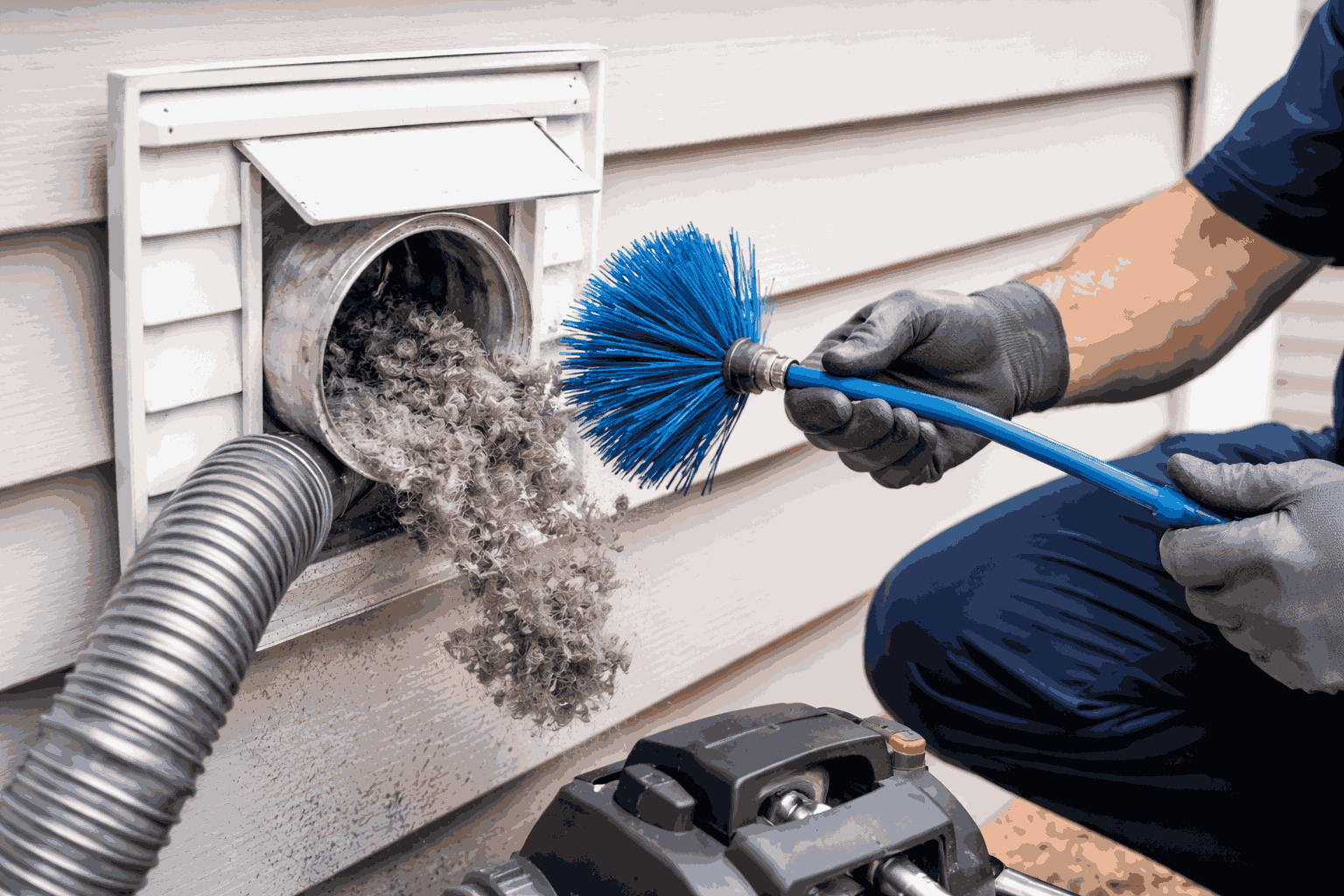 A technician using a brush to remove lint buildup from an exterior dryer vent during a professional dryer vent lint removal service.