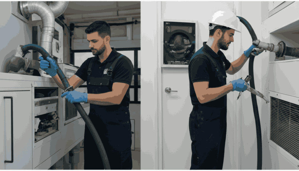 Two professional technicians using vacuum equipment to clean HVAC ventilation ducts and air vents inside a building, representing professional ventilation system maintenance and indoor air quality services.