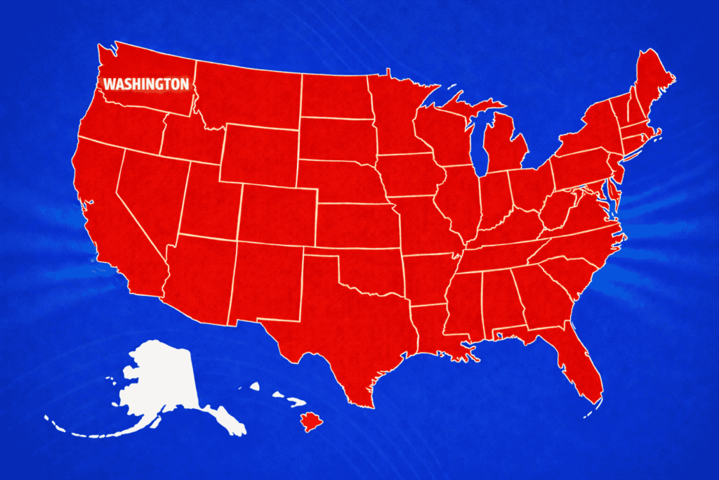 United States map highlighting the Washington state area on a blue background, representing professional home ventilation system maintenance and HVAC airflow services available for customers in the Washington region.