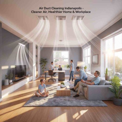 Modern living room and home office in Indianapolis with ceiling air vents releasing clean airflow, illustrating professional HVAC duct cleaning in Indianapolis for a healthier indoor environment.