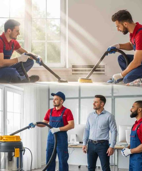 Professional HVAC technicians using vacuum equipment to clean floor air vents and duct systems inside a modern home, improving indoor air quality in Washington DC