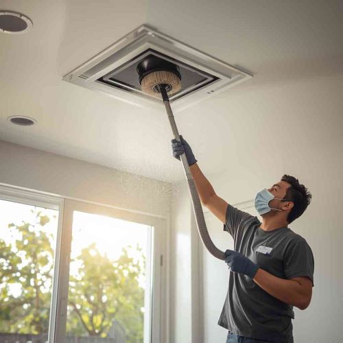 HVAC technician cleaning a ceiling air vent using professional ventilation cleaning equipment inside a home in California