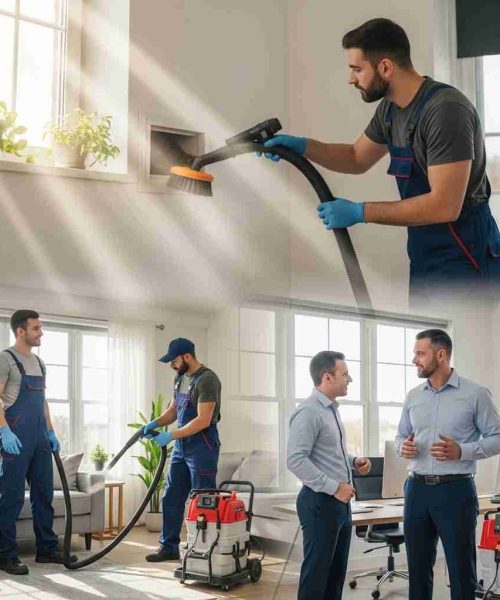 A professional HVAC technician cleans a home ventilation vent with vacuum equipment while another technician performs indoor air system maintenance, representing residential vent and duct cleaning services in Oregon.