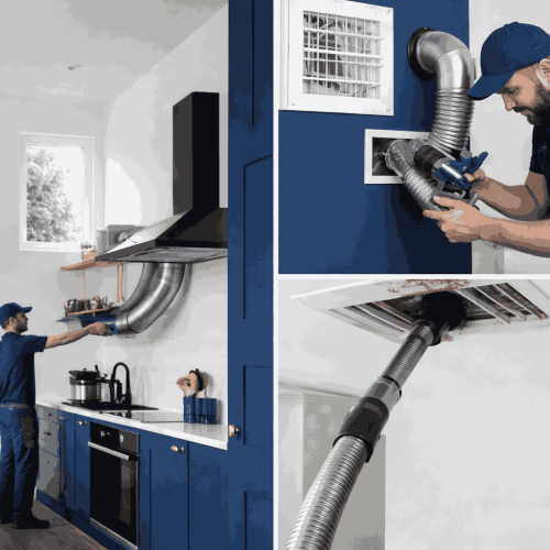An HVAC technician cleaning residential ventilation ducts and air vents with professional equipment inside a home kitchen, representing professional ventilation system cleaning services in Oregon.
