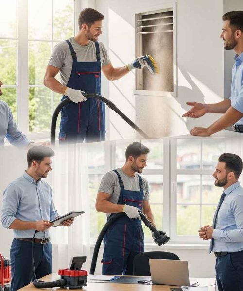 A technician performing professional HVAC vent cleaning with vacuum equipment while discussing indoor air system maintenance with homeowners in an Arizona house.