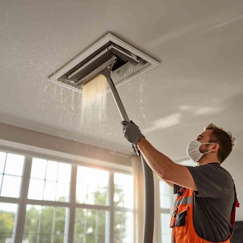 A professional technician performing residential HVAC vent cleaning in Dallas, using a vacuum tool to remove dust and debris from a ceiling air duct inside a home.